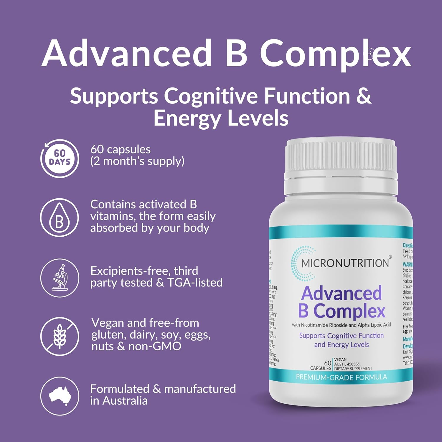 MICRONUTRITION Advanced B Complex Vitamin &ndash; One-A-Day, 60 Capsules - High-Strength - All 8 Essential B Vitamins B1, B2, B3, B5, B6, B7, B9 & B12 - Supports Energy, Cognitive Function, Skin Health