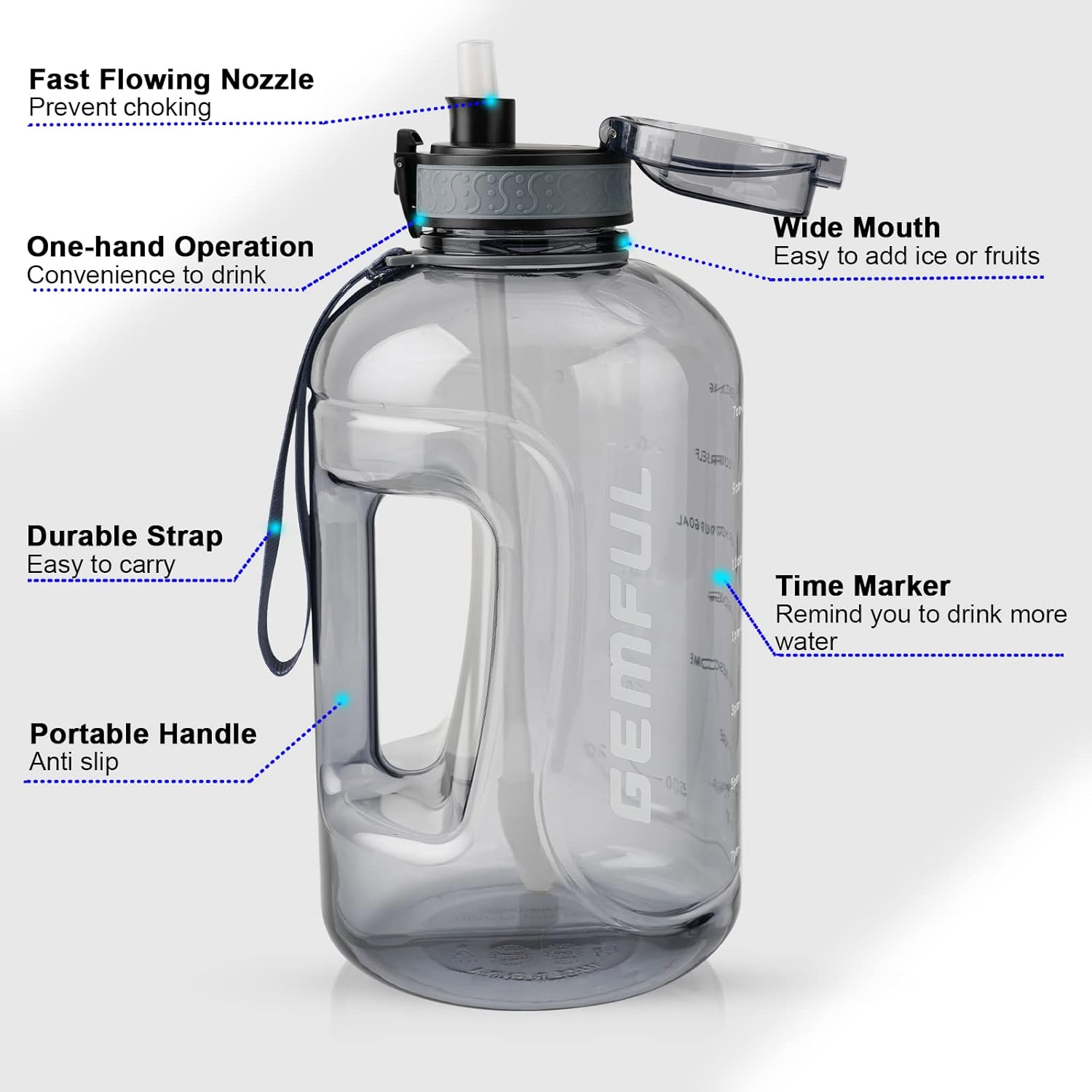 GEMFUL 3 Liter Water Bottles with Handle Motivational BPA Free Big Drinks Bottle for Fitness Sports - Gray image number 4