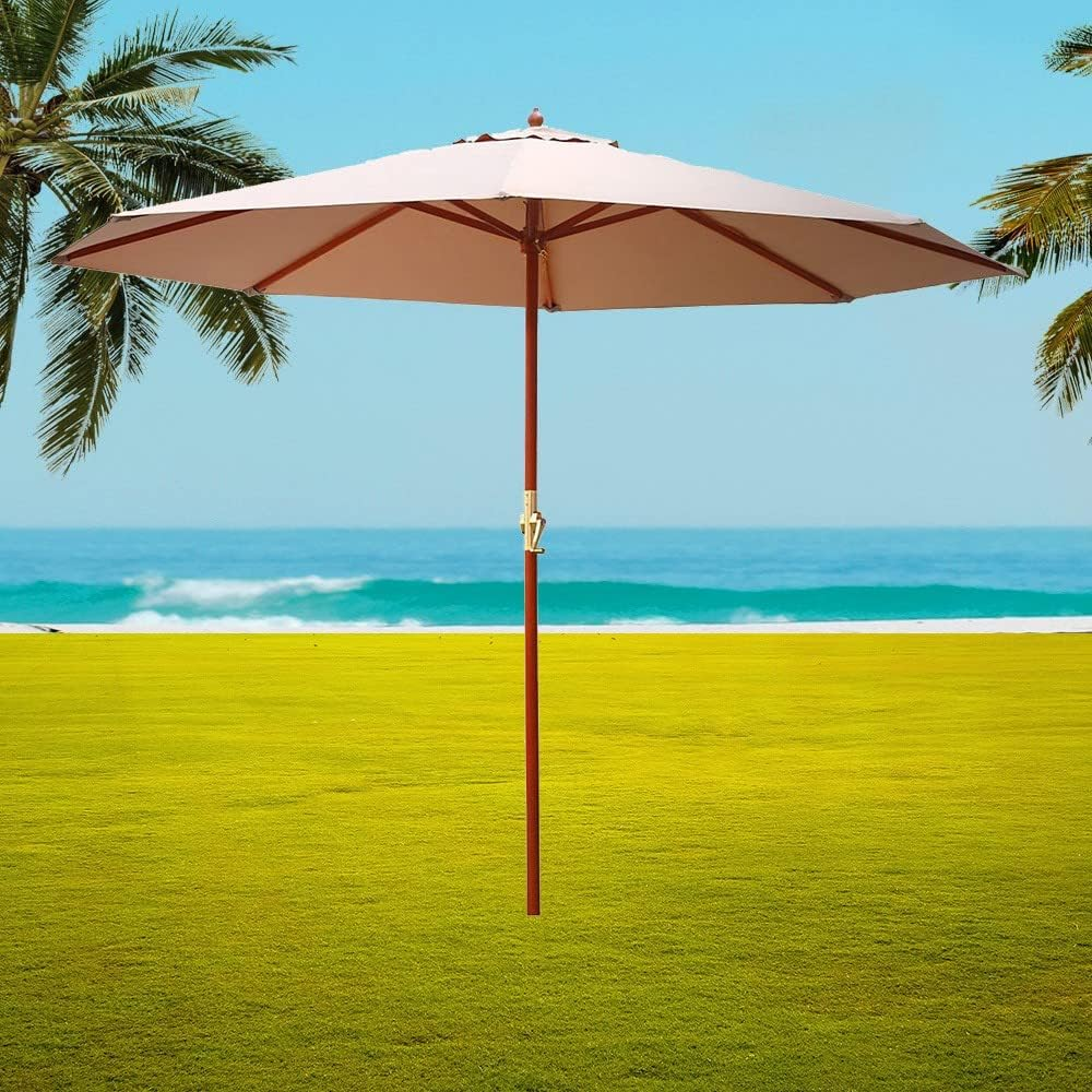 Instahut Outdoor Umbrella 3M Beige Pole Stand, Sun Beach Garden Patio Gazebo Shade, Water Resistant and UV Height Adjustable Wooden Frame image number 4