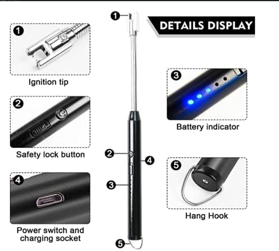 Nomel Electric Candle Lighter, USB Windproof Flexible Camping BBQ Outdoor Rechargeable Plasma Safety Lighter, 360&deg;Flexible Long Neck, LED Battery Display, Hook, Silver image number 5