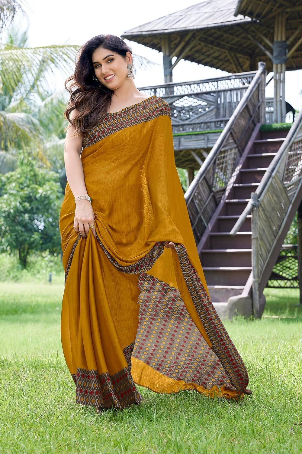 MIRCHI FASHION Women'S Stylish Chiffon Contrast Border-Pallu Printed Saree with Blouse Piece - Grey, Coffee image number 6