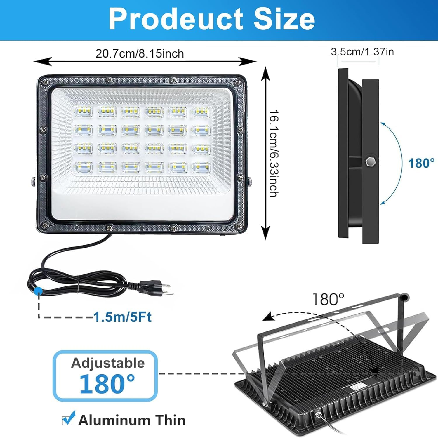 50W LED Flood Lights Outdoor, 5000LM Super Bright outside Floodlights, IP66 Waterproof 6500K Daylight White Security Lights, Plug in Flood Light for Yard Garage Garden Patio image number 6