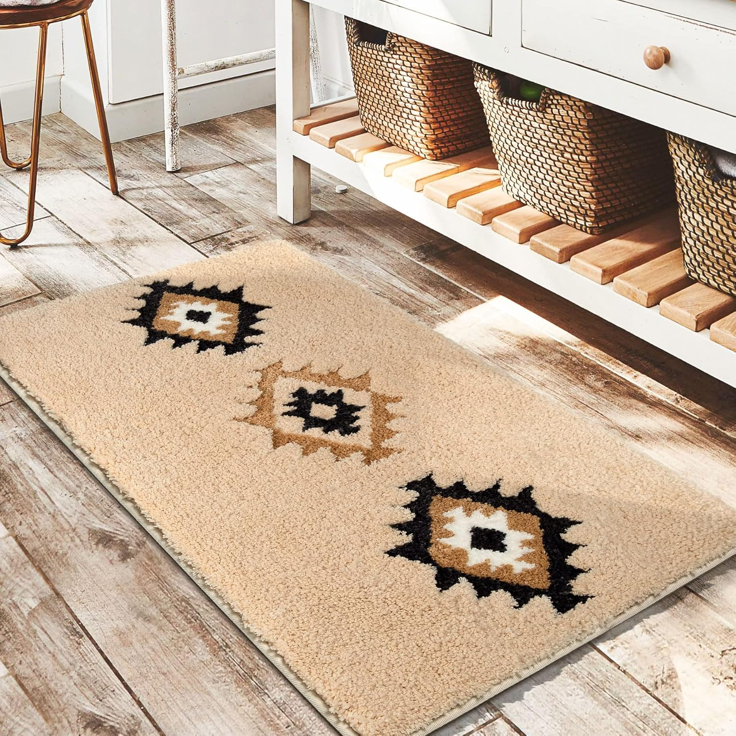 DEXDE Boho Bathroom Rugs 20X32, Luxury Soft Absorbent Bath Mat Non Slip Moroccan Geometric Bath Rugs Carpet for Bathroom Shower Kitchen Entryway Farmhouse Neutral Decor, Cream Beige image number 2