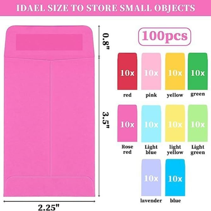 100Pcs Small Colored Envelopes - Mini Money Coin and Seed Packets with Self Adhesive Closure image number 1