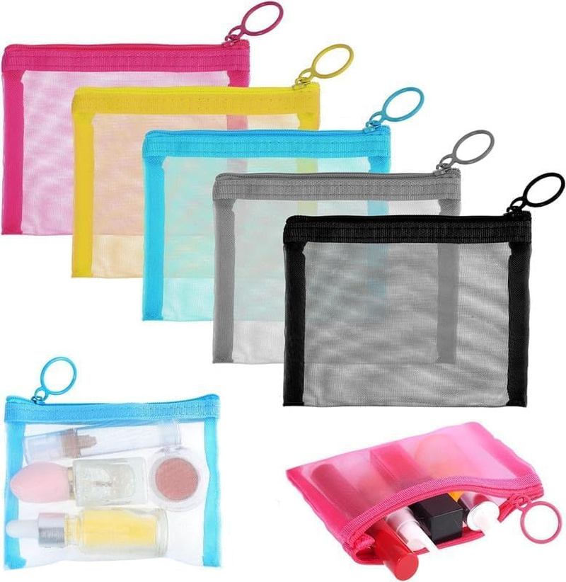 5 Pack Mini Zipper Mesh Bags, Portable Travel Cosmetic Pouch Kit Beauty Accessories Holder Bag Storage Coin Purse for Small Items Key (5-Color) image number 5