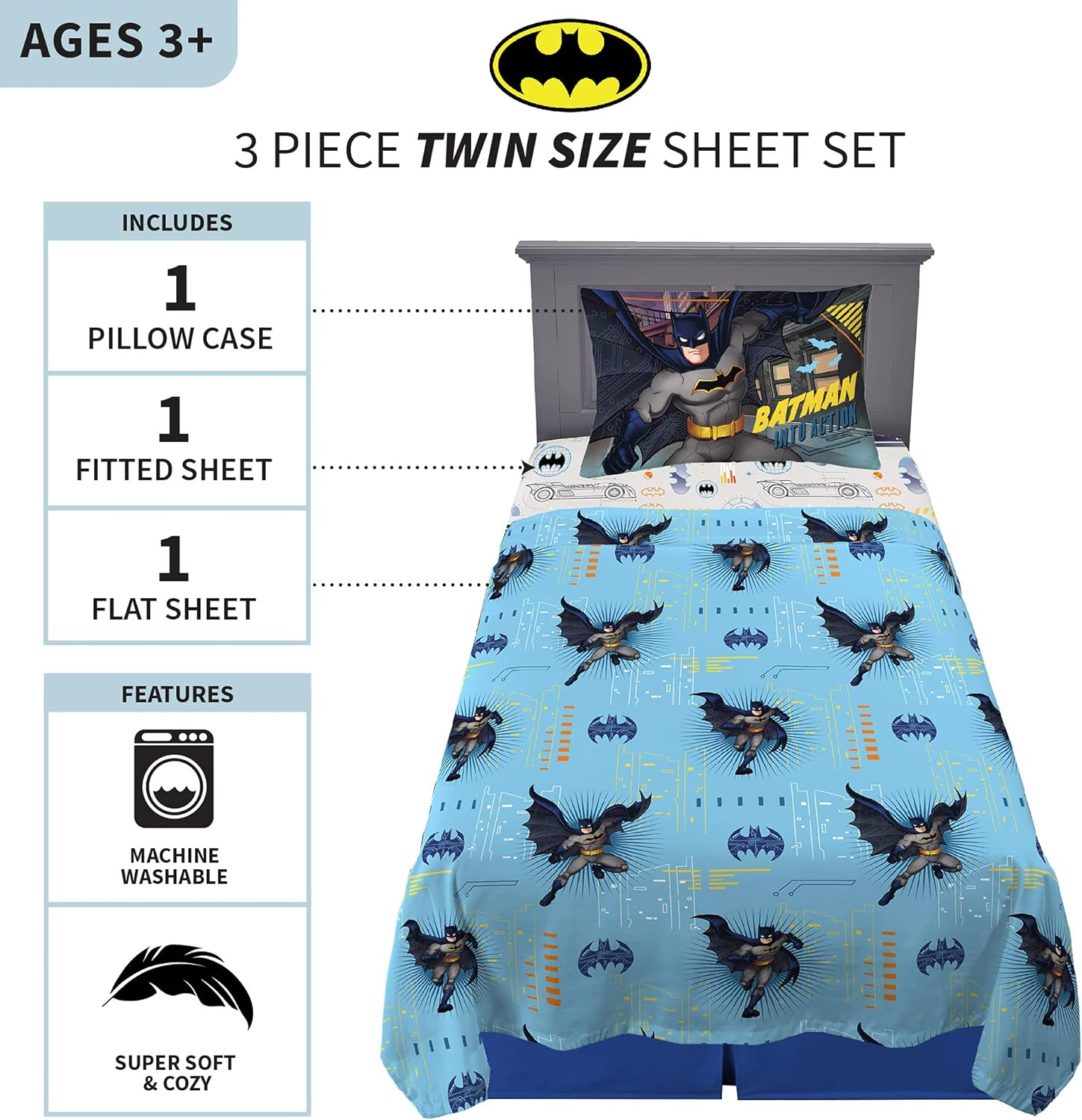 Franco Kids Bedding Super Soft Microfiber Sheet Set, 3 Piece Twin Size, Batman image number 3