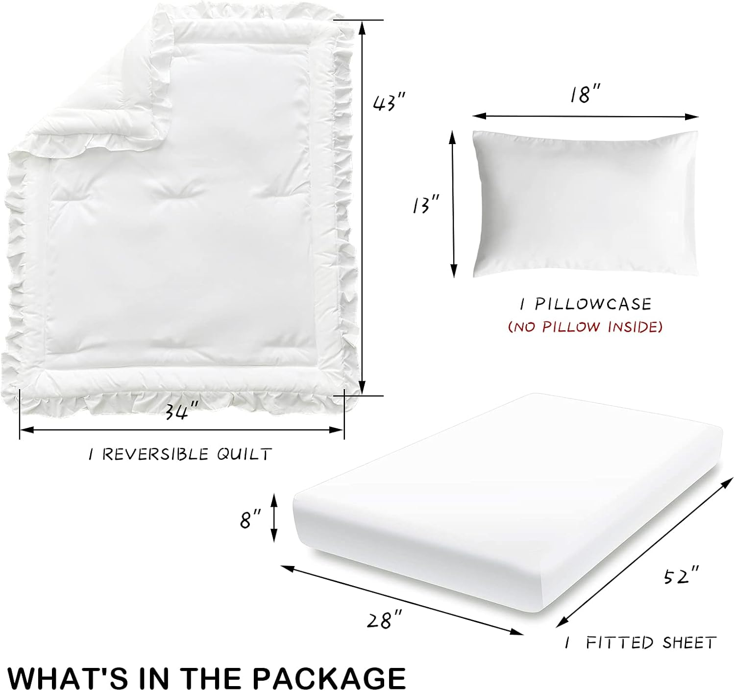 3 Pieces Crib Bedding Set Baby Ruffle Quilted Comforter with Fitted Sheet and Pillow - Cute Ruffled Shabby Chic Bedding Soft Blanket Design White