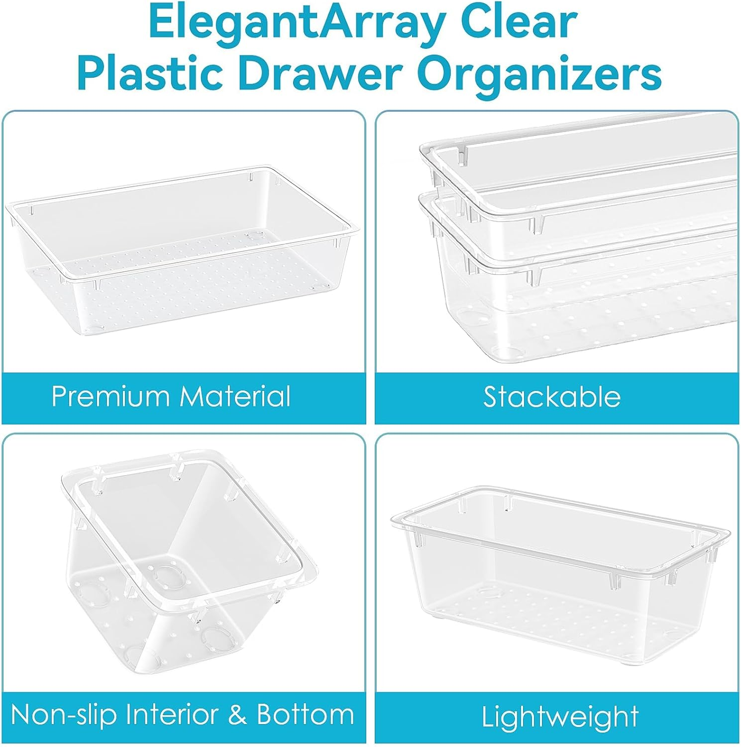 Elegantarray 12 PCS Drawer Organizer Set, 4 Sizes Makeup Vanity Organizer, Clear Plastic Organization and Storage Bins for Makeup, Jewelry, Multiple Gadgets for Kitchen, Bathroom, Office, Bedroom