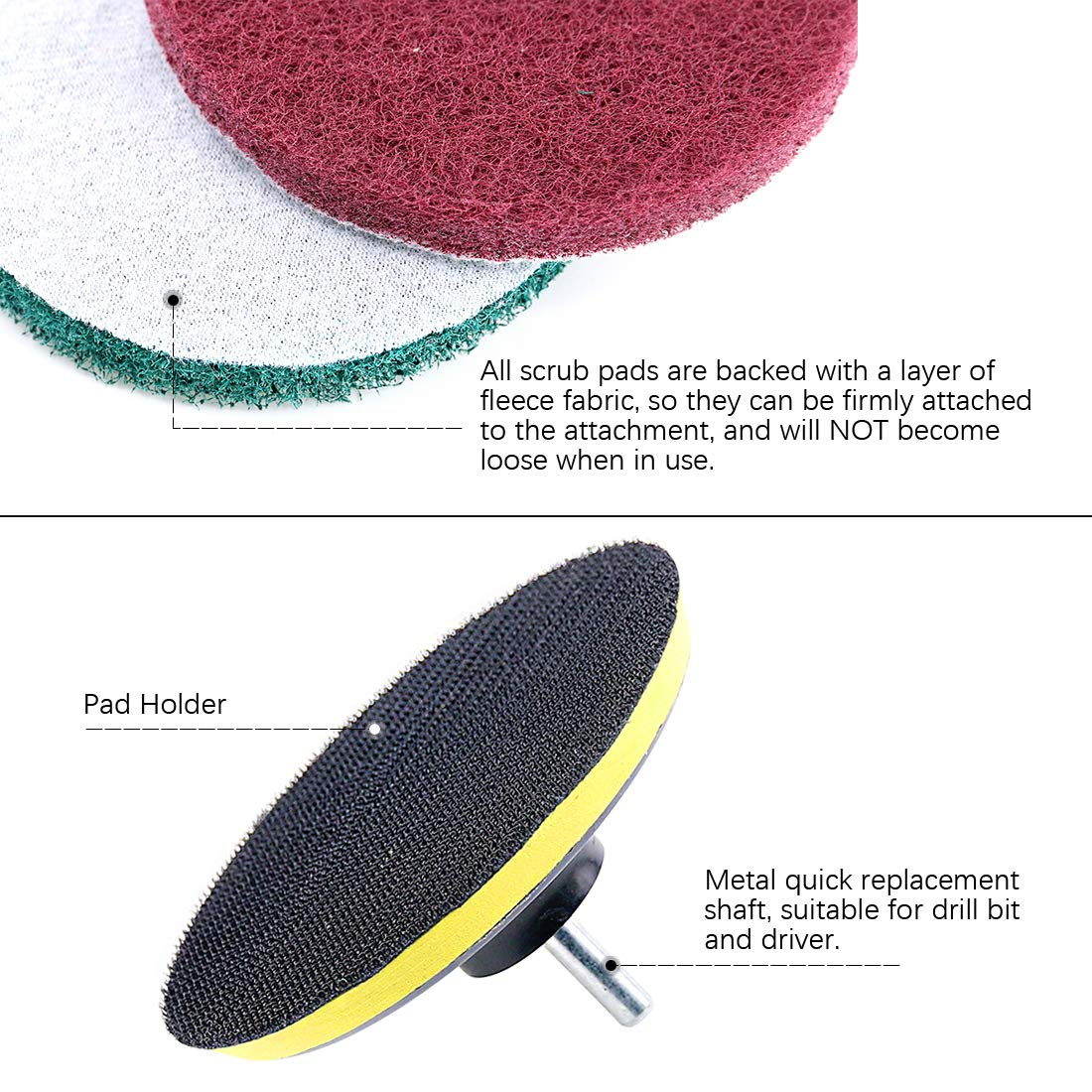 Swpeet 16Pcs 5Inch 3 Different Color Scrubbing Pads Drill Powered Brush Tile Scrubber Scouring Pads Cleaning Kit, Abrasive Buffing Pads Replacement with 1 Pcs Hook Attachment for House Cleaning image number 4