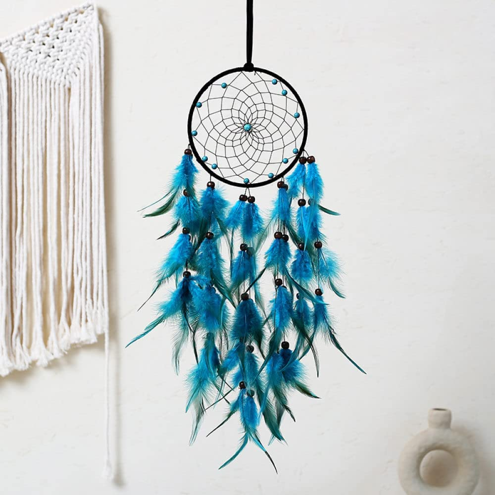 Blue Feather Dream Catcher with Turquoise,Indian Home Decoration Wall Hanging Dream Catchers for Kids Bedroom Dorm Room Wedding Party Boho Craft Ornament