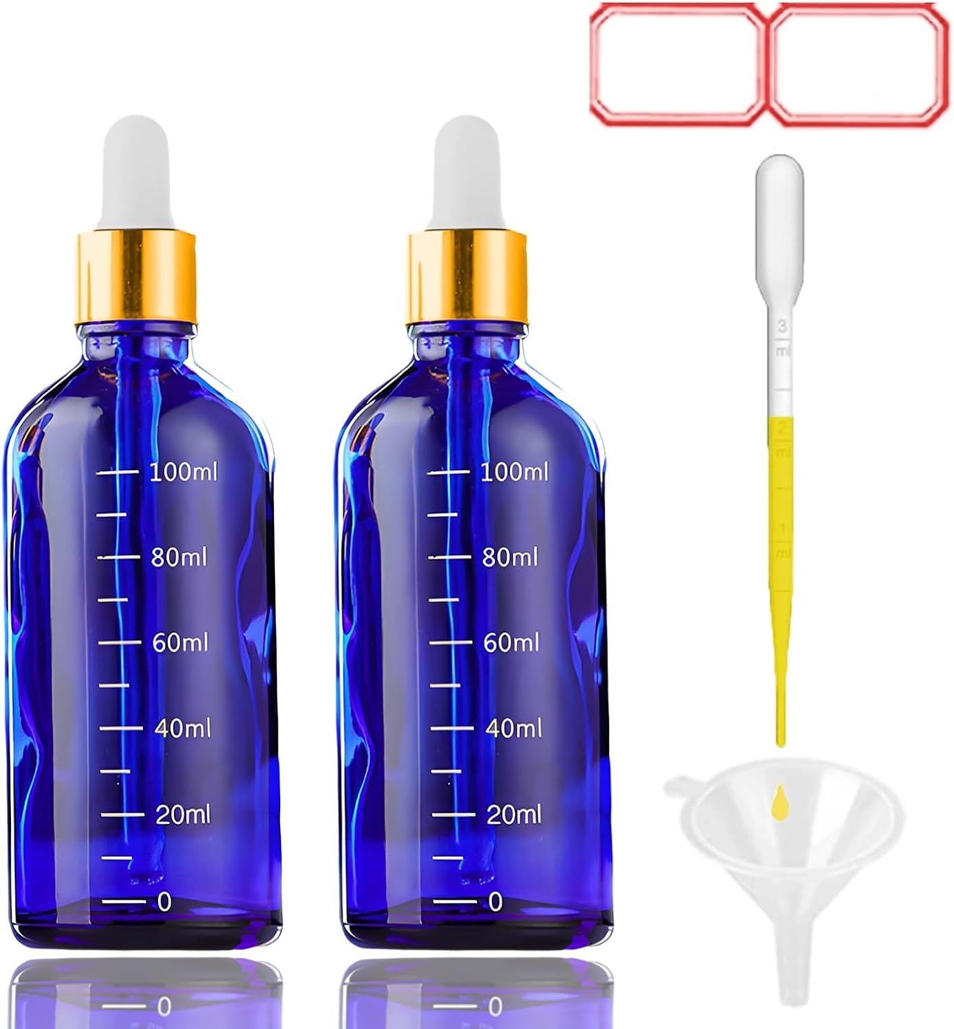 2 X 100Ml Dropper Bottle Clear Glass Dropper Bottle with Droper Pipettes, Refillable Sample Dropperbottles with Funnel and Label for Essential Oil Blending, Perfumery (Amber, 2X100ML)