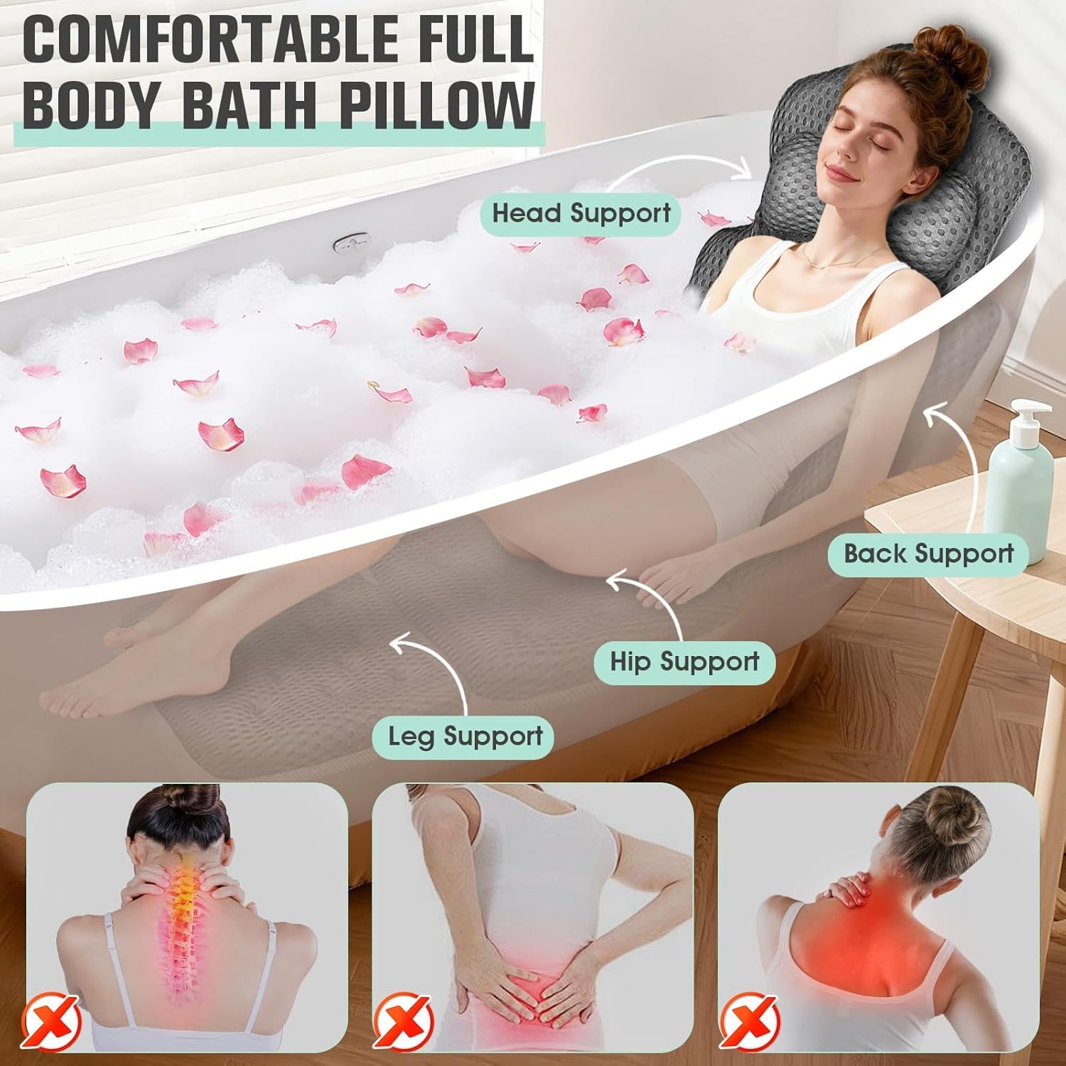 Upgraded Full Body Bath Pillow for Bathtub,Luxury Thick Bath Cushion for Soaking Tub with 192 Suction Cups,Full Body Bathtub Pillows for Head and Neck Shoulder Support,4D Air Mesh, 53" X 16" Dark Gray image number 5