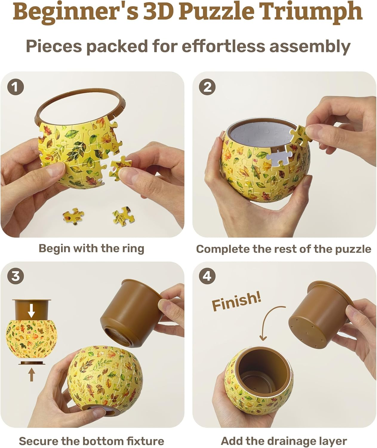 Piecerelax 3D Puzzle Planter - Smart - Happy Reading - Small round Plant Pots with Drainage, Home Decor Flower Pots for Indoor Cactus, Succulents Pots [K1102] image number 2