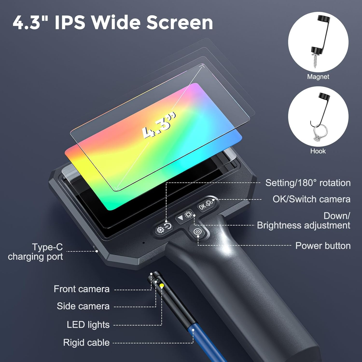 Bluefire Dual Lens Borescope with 4.3'' IPS Screen, 1920P HD Industrial Endoscope Dual Lens Inspection Camera with 7 LED Lights, Waterproof Snake Camera for Sewer Pipe(3.5M) image number 1