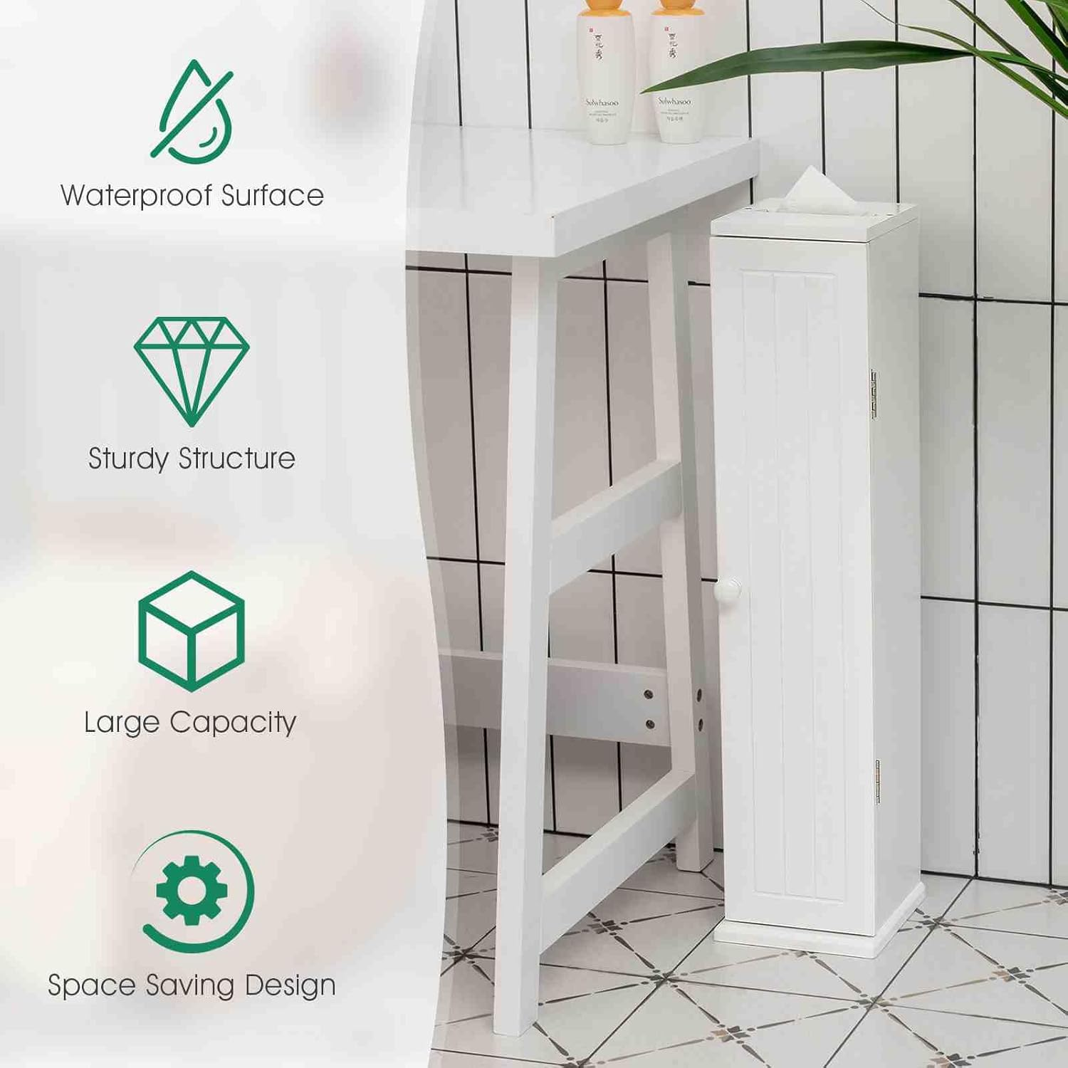 Costway Compact Toilet Tissue Storage Tower, Free Standing Toilet Paper Storage Holder, Bathroom Multifunctional Storage Shelf Organizer, Storage Corner Floor Cabinet with Door&Top Slot image number 6