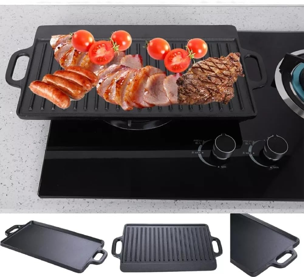 1X Cast Iron Griddle 50X23CM - Double-Sided Flat/Ridged Design, Griddle Pan for Stovetop, Camping & Fire Pit, Perfect for Grill BBQ, Steaks, Vegetables