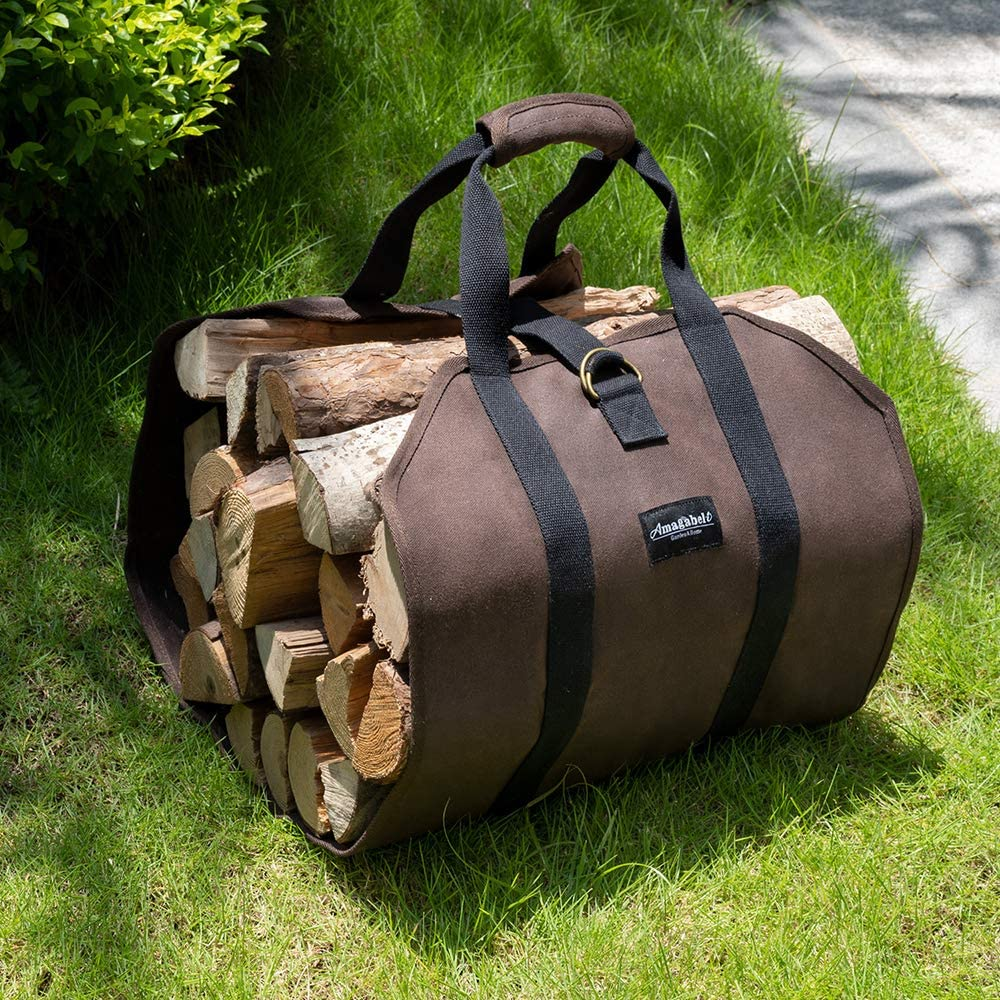 Amagabeli Firewood Carrier Bag Canvas Waxed Large Firewood Log Tote Carrying Indoor Bag Firewood Storage Tote Fire Place Log Holders Outdoor Fire Wood Carrier with Handless Dark Brown BG290 image number 3