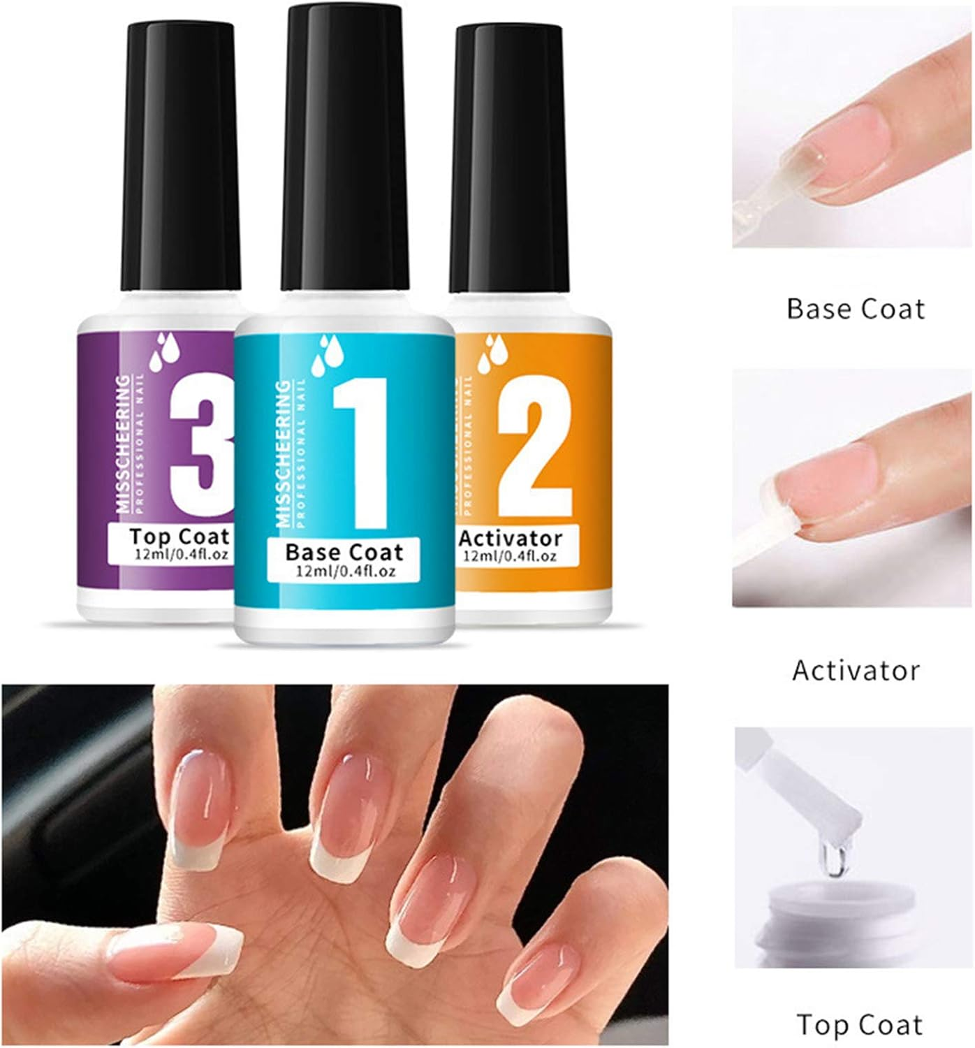 Dipping Powder Nail Liquid Set with Base Coat Top Coat Activator - 3 Bottles 12Ml Each, No UV LED Lamp Needed, Easy to Apply, Rapid Drying, for DIY Home Nail Art, Mild Scent, Even Application image number 4