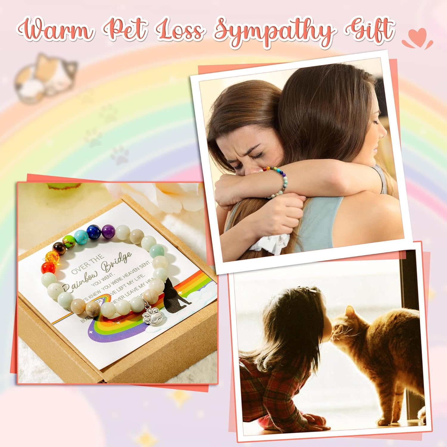 Cjiangpo Rainbow Bridge Cat Bracelets Memorial Gifts, Pet Bracelet with Cat Paw Charm Remembrance Cards Colorful Bracelet Cats Memorial Gift Loss of Pet Sympathy Jewelry Gifts for Cat Lovers Friends image number 5
