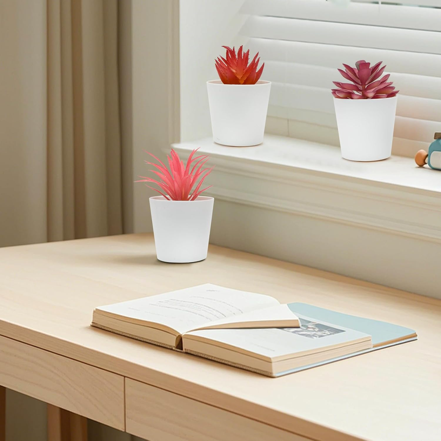 Bacucine Set of 6 Succulents Plants Artificial in Pots Desk Plant Fake Plants Faux Succulents for Bedroom Windowsill Shelf Office Home Decor (Red) - Green Flocking image number 7