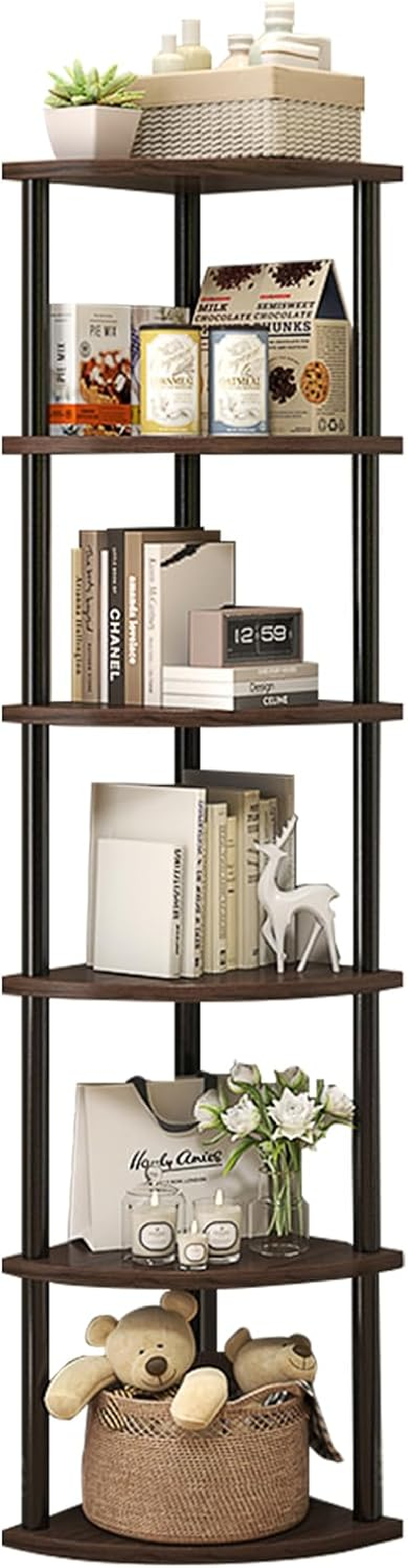 Corner Bookshelf, Storage Standing Shelf Unit with Metal Framecorner Shelf Stand, (Walnut, 6 Tier) image number 5