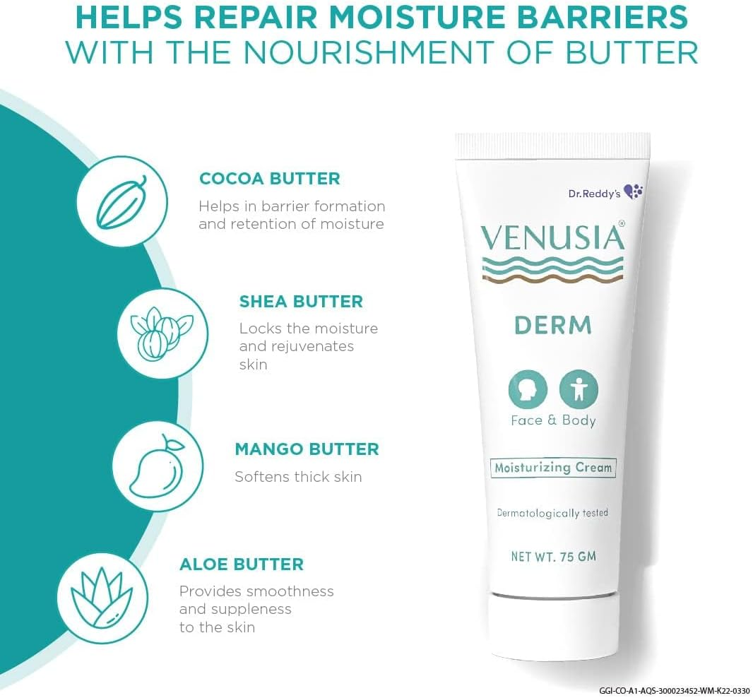 VENUSIA Dr Reddy'S Derm Moisturizing Lotion for Face and Body,Repairs and Nourishes Dry Skin,Relieves Minor Itching and Irritation,Moisturization and Hydration That Lasts up to 10 Hours,Pack of 1 image number 2