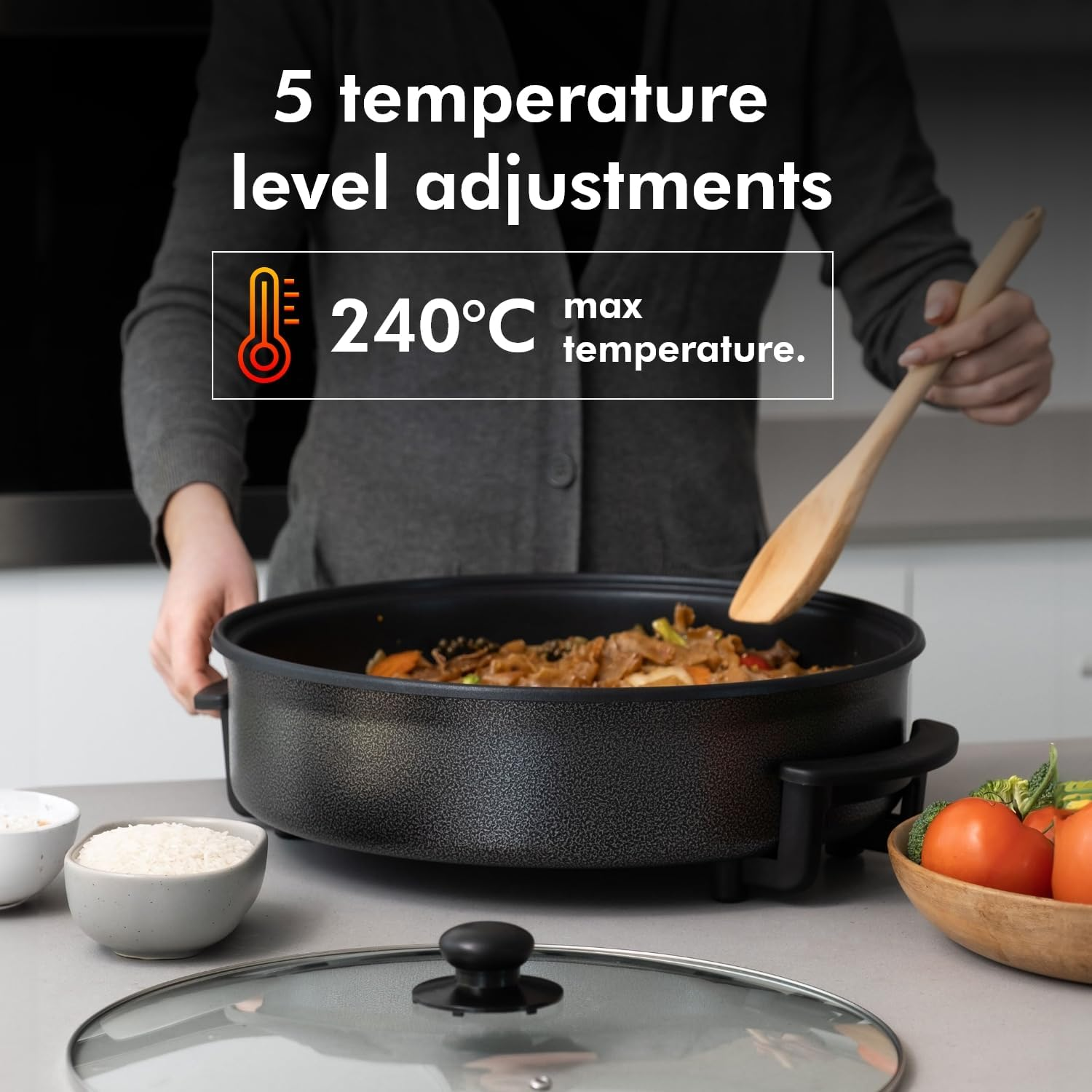 Healthy Choice 38CM Electric Kitchen Skillet with Nonstick Coated Grill Pan & Glass Lid Cover, Indoor Countertop Cooking Pan with Temperature Control & Handle Compact Easy Clean image number 2