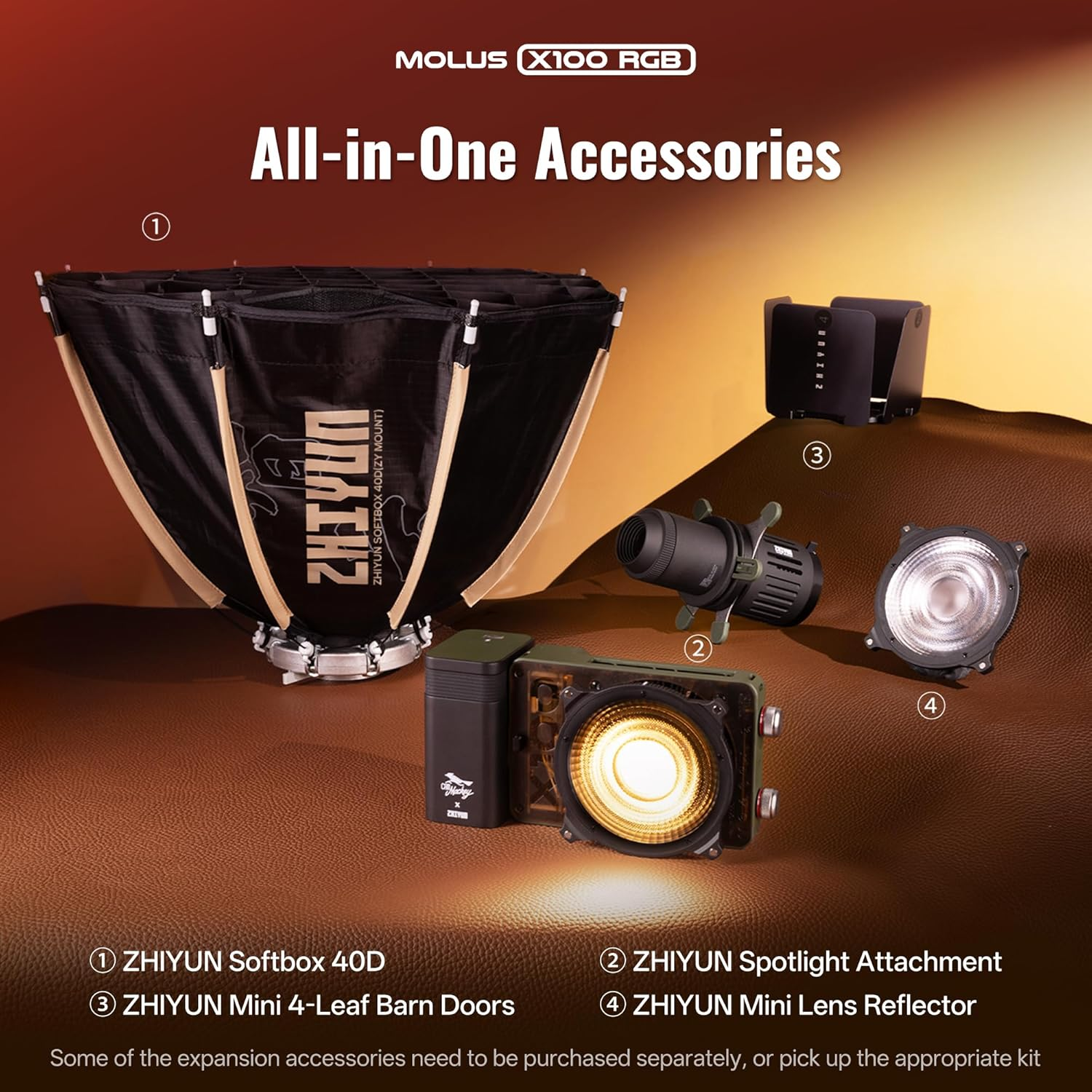 ZHIYUN MOLUS X100 RGB PRO 100W Video Light [Official] V2 Upgraded Version Professional Photography Lighting Portable Continuous Output Lighting 2500K~10000K CRI&ge;95 TLCI&ge;97 Only 384G for Youtuber TT image number 1