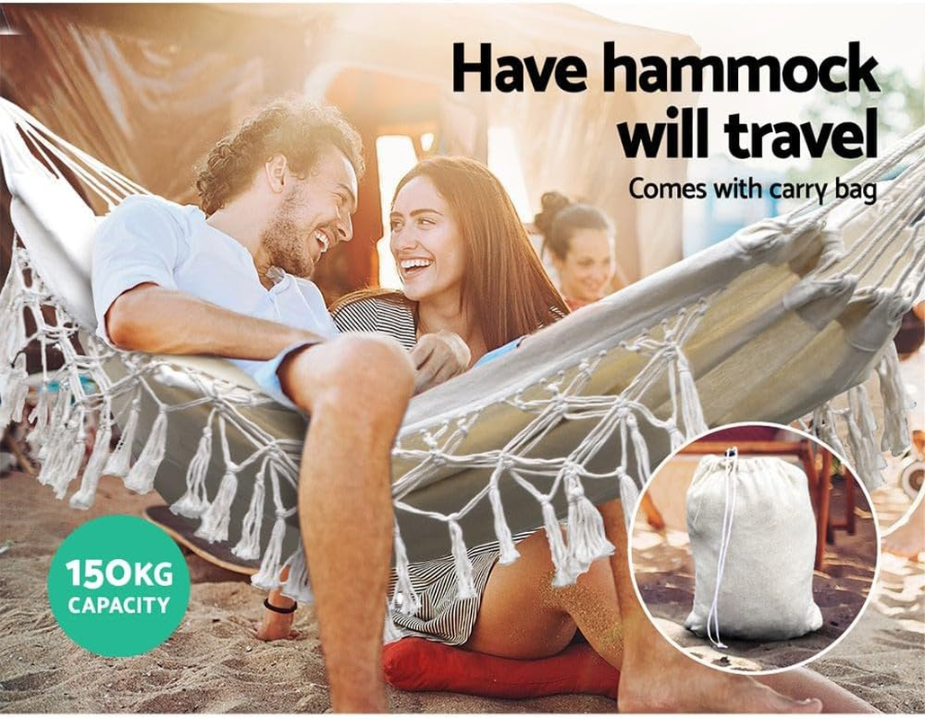 Gardeon Hammock, 2 Person Bed Portable Camping Swing Hanging Chairs Hammocks Patio Backyard Porch Outdoor Indoor Furniture, 150Kg Capacity Handcrafted Tassels Beige image number 6