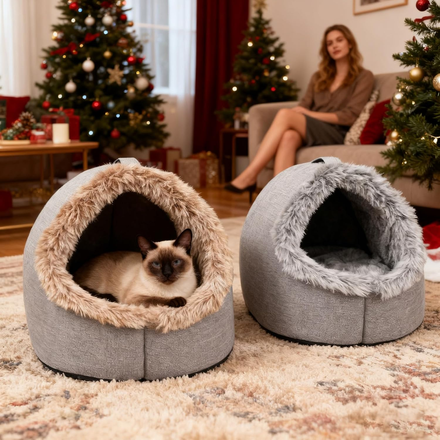 Cat Cave Bed, 40&times;34&times;32 Cm Soft Cat Bed House with Removable Washable Cushion, Foldable Portable Pet Beds, Enclosed Cats Beds for for Indoor Cats, Comfortable Pet Sleeping Cave for Kittens, Dogs
