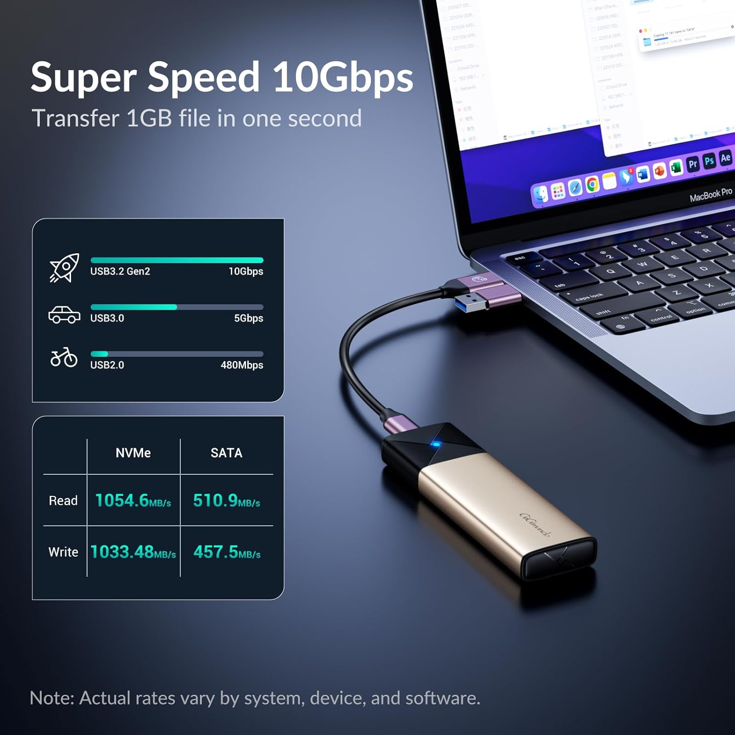 Gigimundo M.2 Nvme SATA SSD Enclosure, UASP Trim, 10Gbps Nvme, 6Gbps SATA, Tool-Free USB 3.2 Type-C SSD Caddy for 2230/2242/2260/2280 SSD (Rose Gold-Nvme & SATA) image number 3