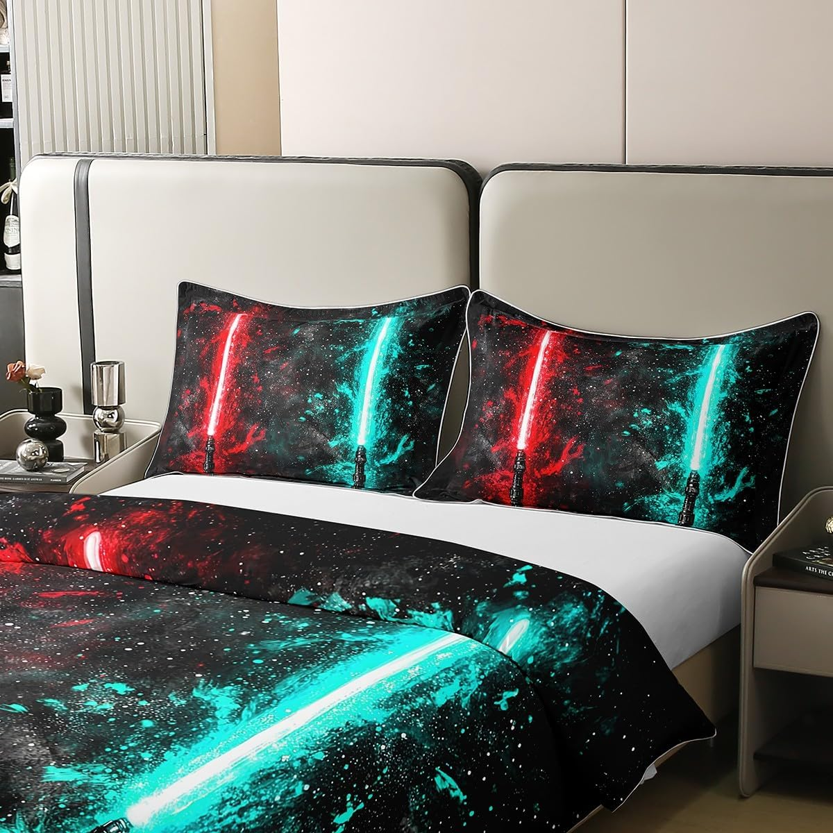 100% Cotton Neon Red Teal Lightsaber Bed Linen Set 200 X 200, Neon Glowing Lightning Comfort Cover for Children Teens, Fashion Games Duvet Cover Light Sword Technology Bed Set with 2 Pillowcases image number 2