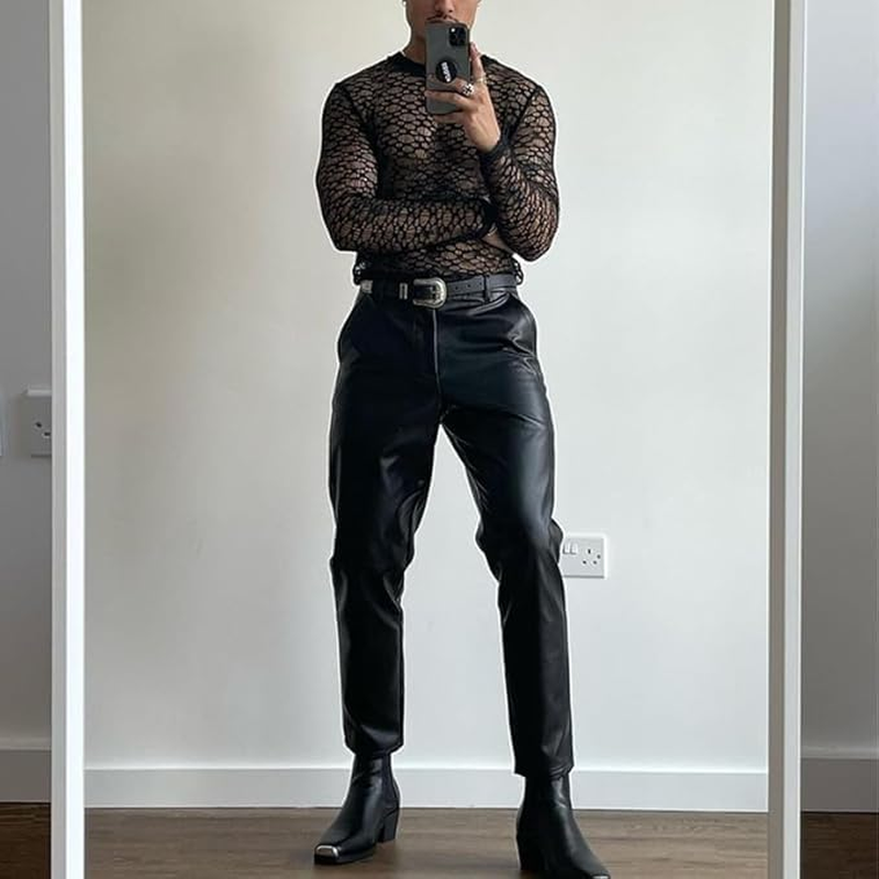 Men'S T-Shirt Sexy Costume Mesh Semi See through Long Sleeve Base Layer Lace Hollow Top image number 3