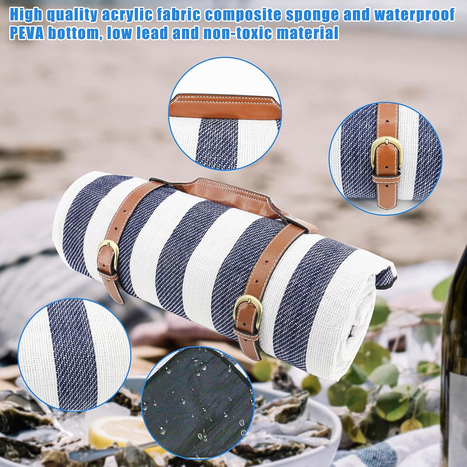 Searqing Large Picnic Blanket Portable with Carry Strap,78" X 54" Foldable Picnic Rug for Outdoor Camping Party,Wet Grass,Hiking,Kids Playground Sandproof Waterproof Picnic Mat image number 2