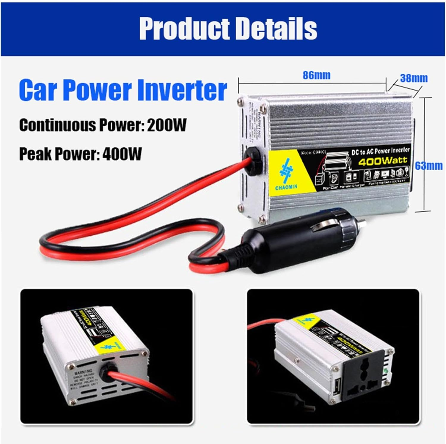 Inverter Pure Sine Waves - 400W Power Inverter, 12V Dc to 220V Ac Car Converter | Solar Inverter with 2 Battery Clips, Battery Clips for Car Truck Home Vehicles Rv Camping off Grid image number 3