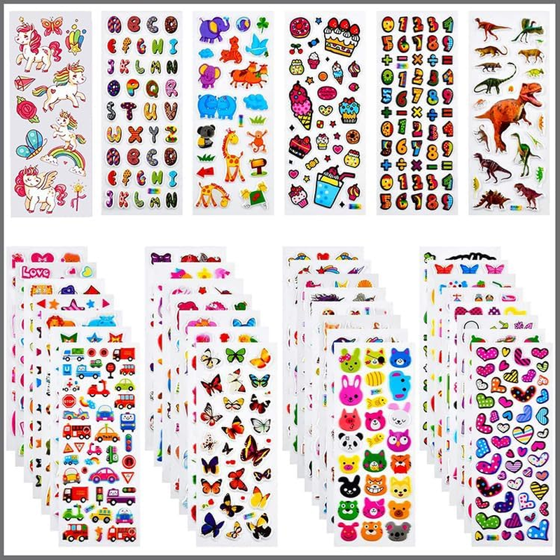 44 Sheets (1100+) Puff Stickers, Bulk Preschool Stickers for Rewards, Crafts, Scrapbooking Numbers and Letters Fish Vehicles Numbers Heart Fruit Dinosaur Butterfly Dessert Animals image number 5