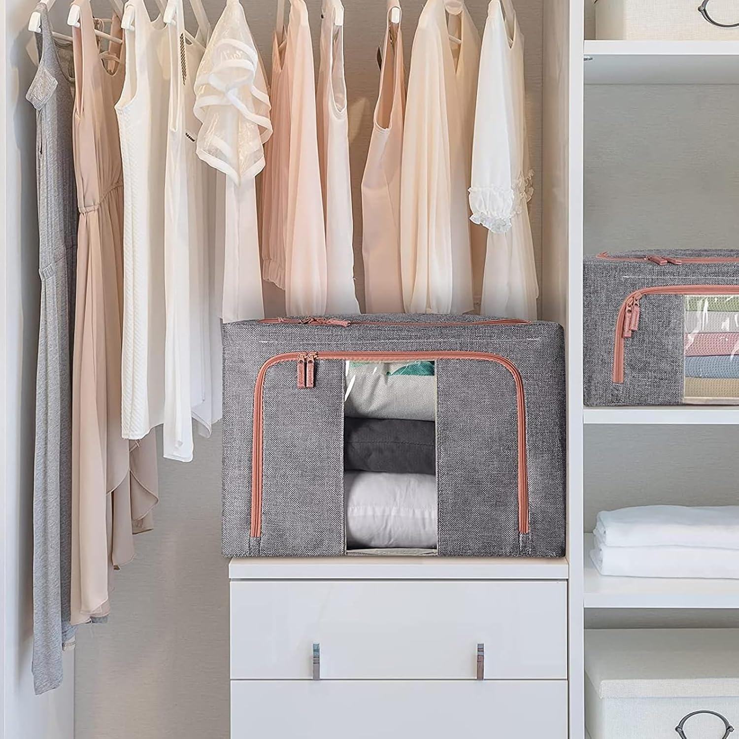 2 Pack Clothes Storage Box with Zipper, 66L Foldable Linen Container with Handles Large Capacity Storage Organizer (Grey 66L) image number 2