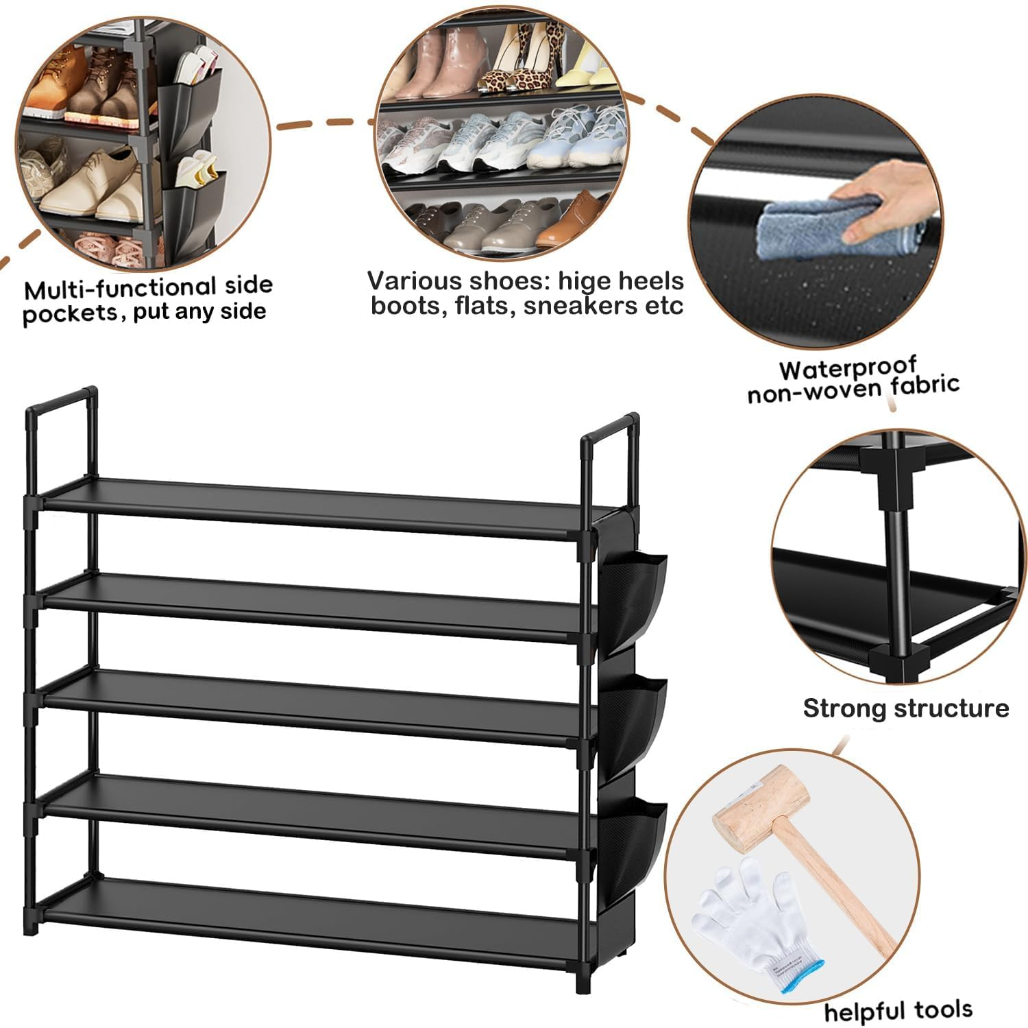 Shoe Rack 5 Tier Shoe Organizer Shoe Storage 20-25 Pairs Black Shoe Rack for Closet Entryway Space Saving Bedroom Garage Door image number 5