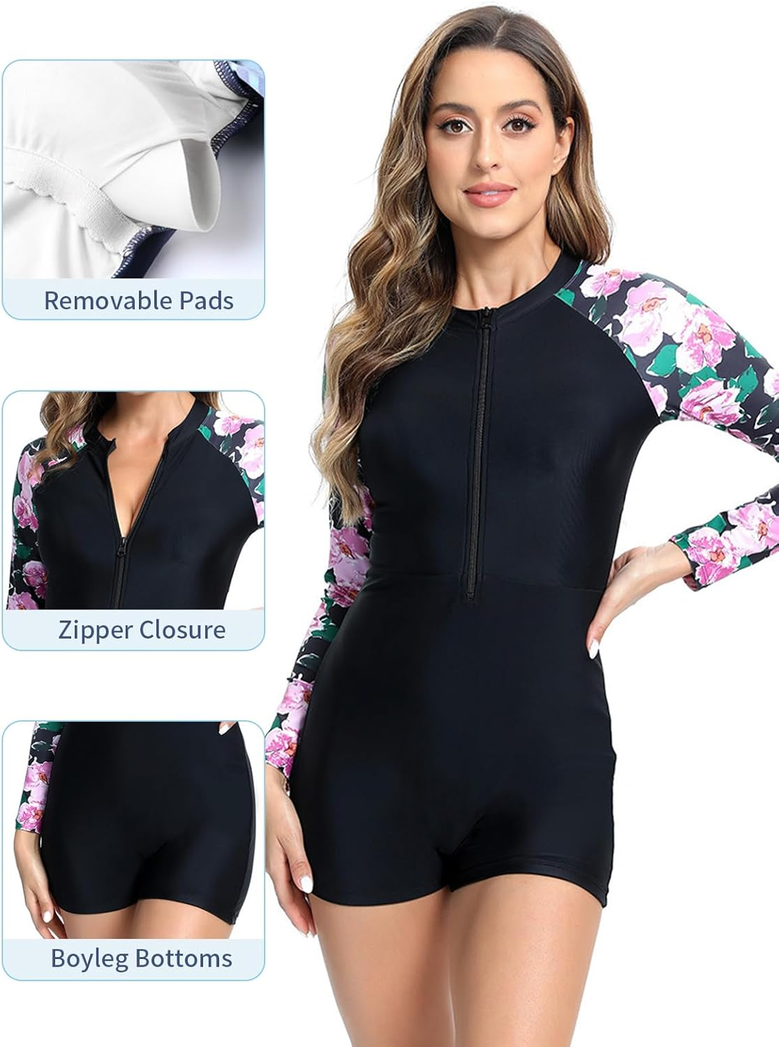 CYNNXIA Women'S One Piece Swimsuit Long Sleeve Tummy Control Floral Bathing Suits for Women Black image number 6