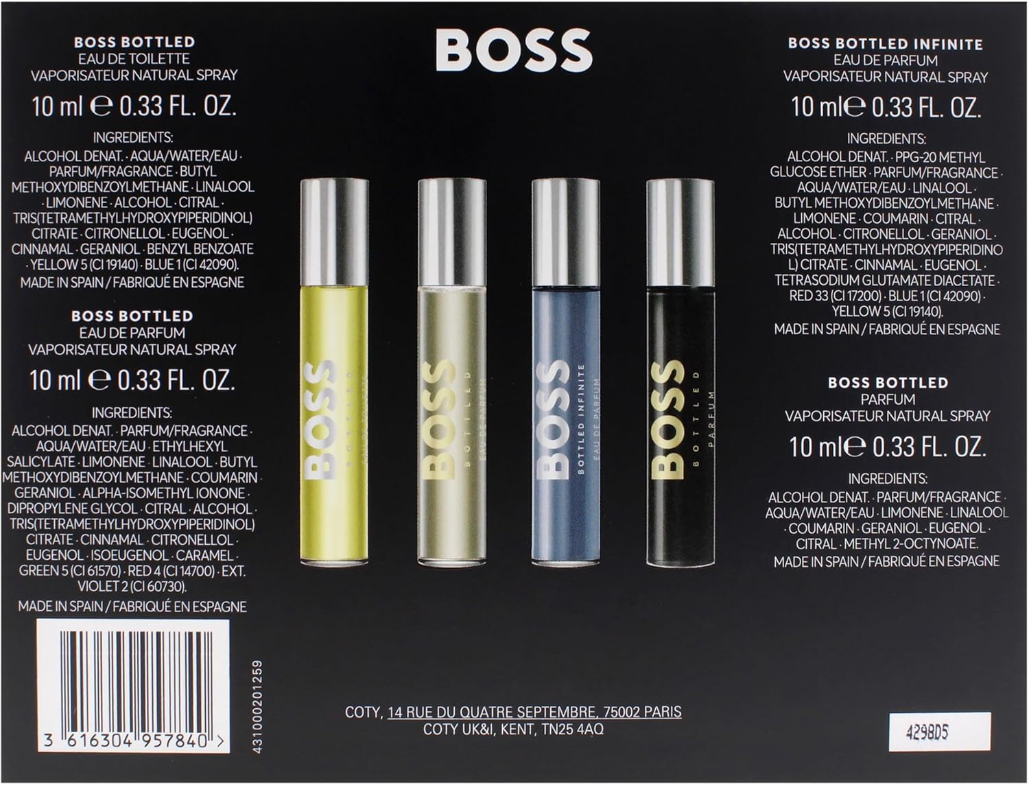Boss Bottled by Hugo Boss for Men - 4 Pc Mini Gift Set 0.33Ozy, Infinite EDP Spray, 0.33Oz Bottled Parfum Spray image number 4