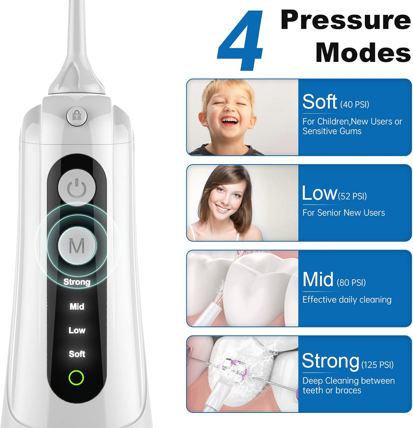 Mitdir Y801 Water Dental Flosser Oral Irrigator 5 Jet Tips 4 Modes IPX7 Waterproof 300ML Detachable Water Tank Portable Cordless Rechargeable Teeth Cleaner for Home&Travel (White) image number 2