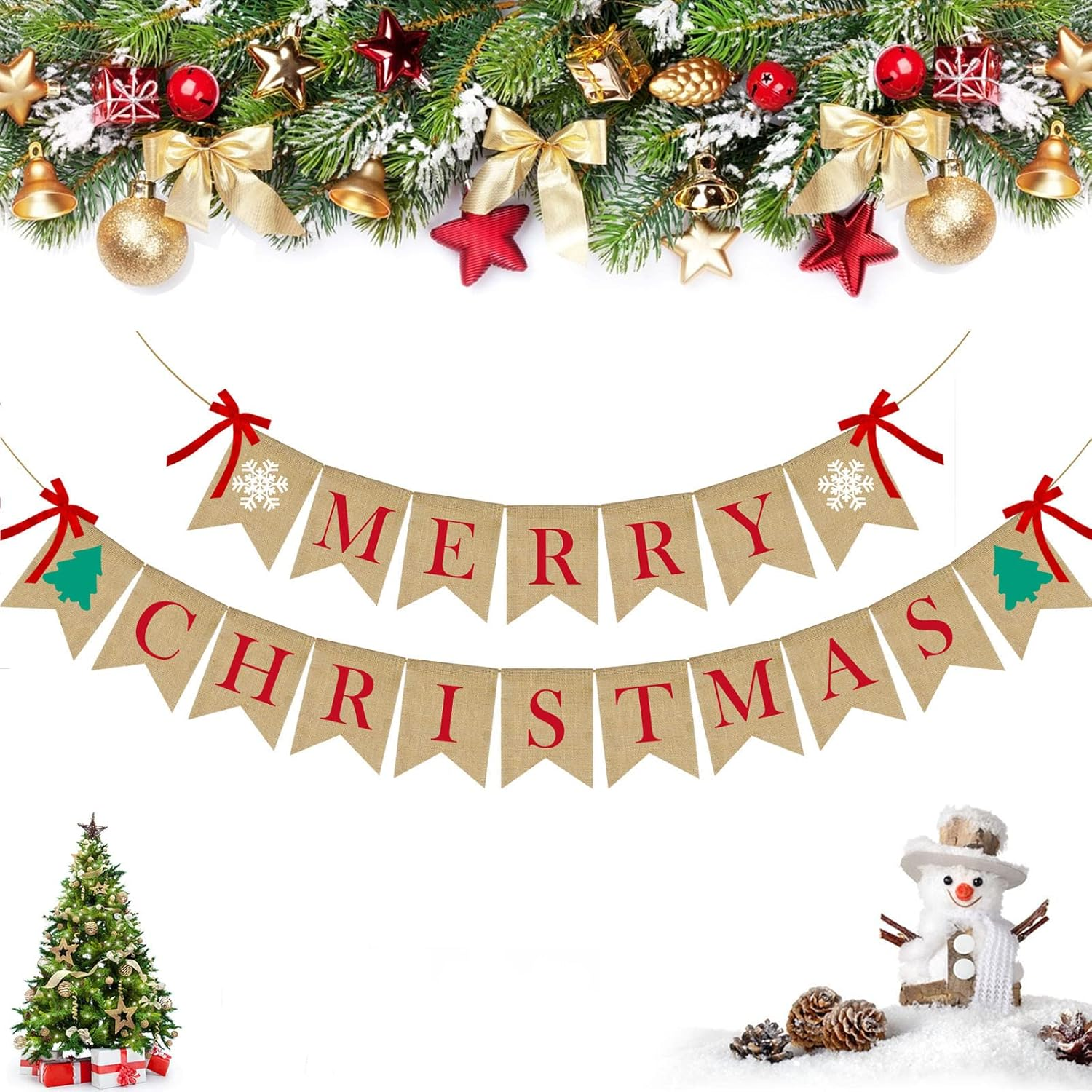 PACETAP Merry Christmas Burlap Banner with 4 Red Bows, Home Indoor Christmas Decorations for Fireplace, Chimney, Wall, Tree image number 2
