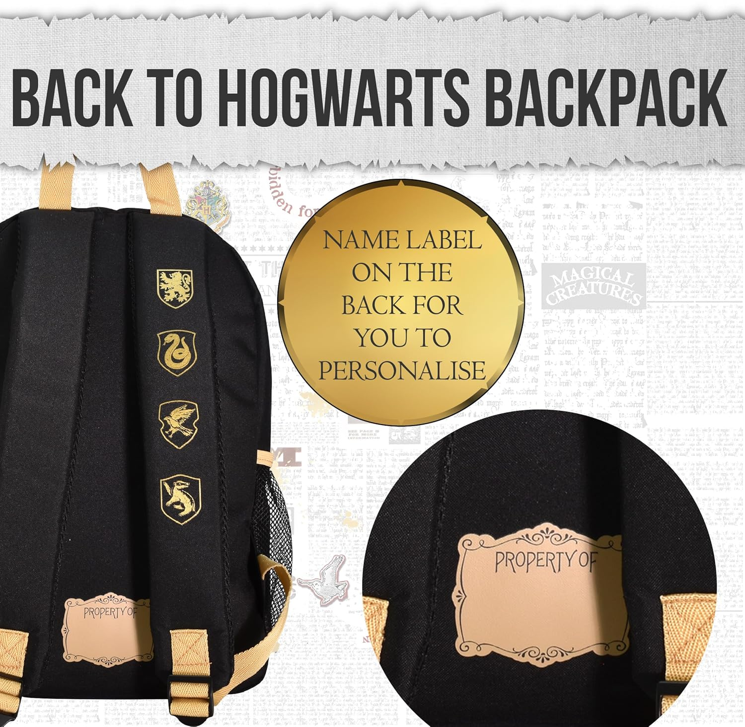 Harry Potter Hogwarts Crest Small Black Nylon Backpack for School or Kids Travel, Side Meshed Pockets, Includes Personalised Name Label
