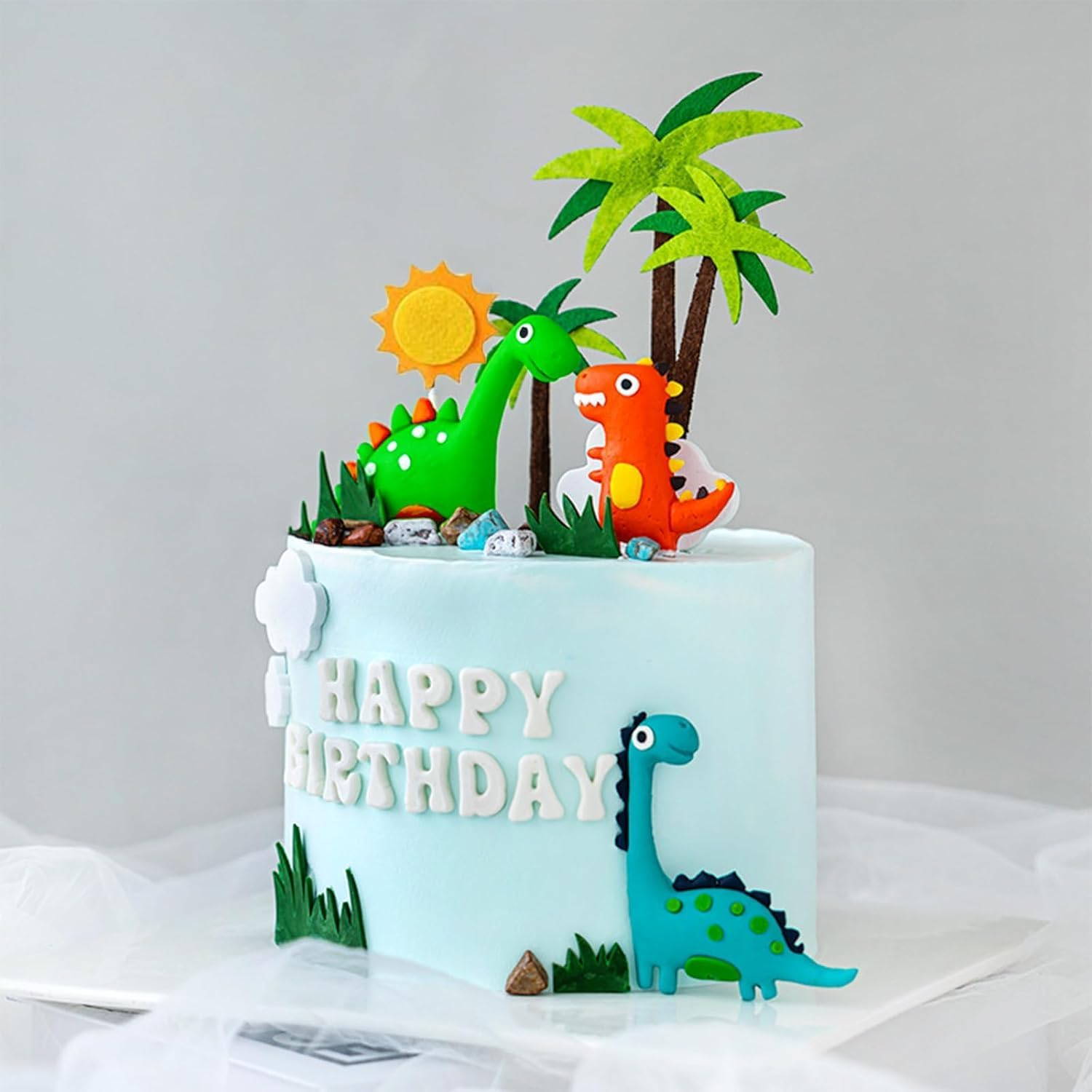 13Pcs Dinosaur Cake Topper Set with Palm Trees, Jungle Theme Party Decoration, Green and Orange image number 3