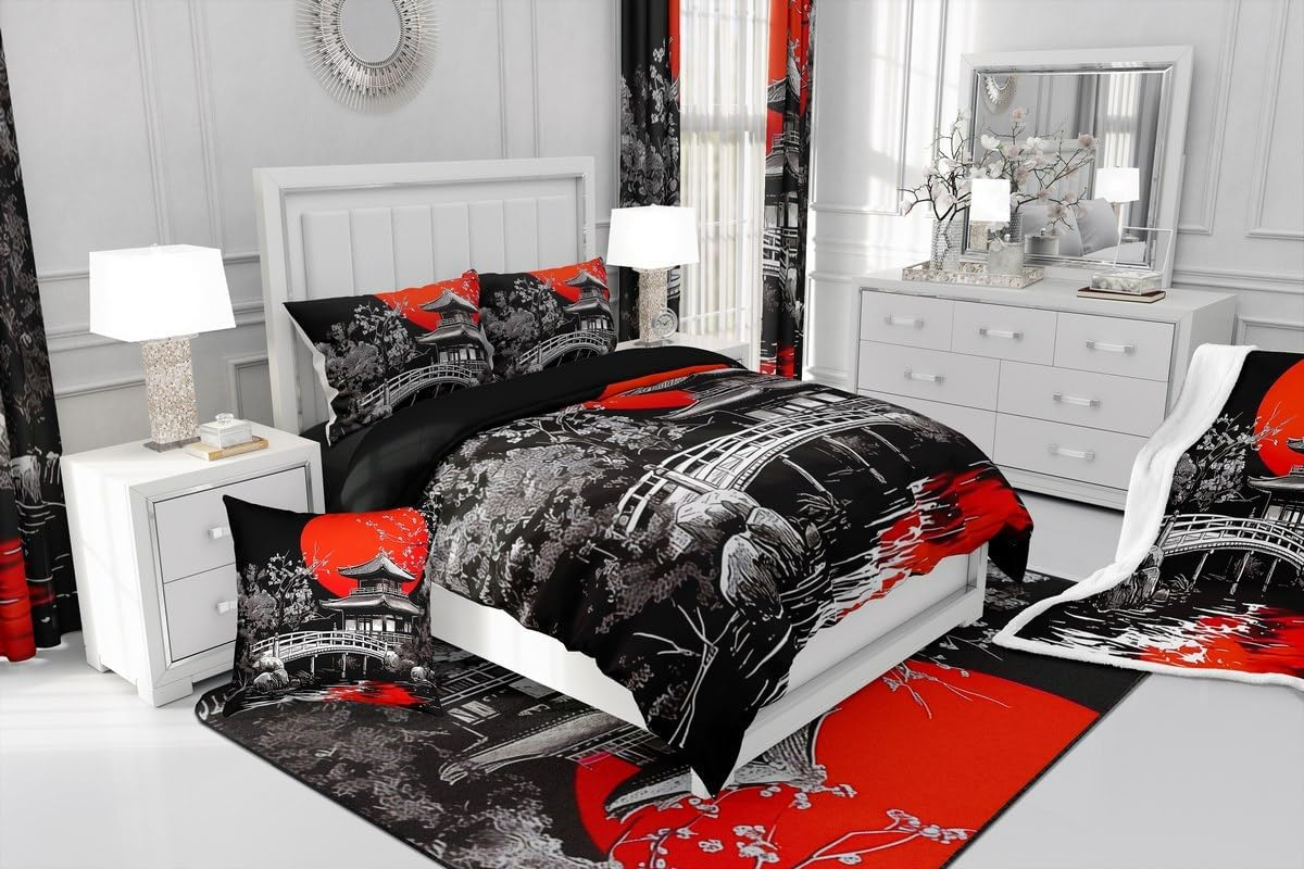 Loussiesd Japanese Ukiyoe Duvet Cover Set Single Size for Kids Boys Girls Adults Anime Bedding Set Red Sunset Comforter Cover with 1 Pillowcase Japanese Style Hokusai Pattern Beds Set image number 5