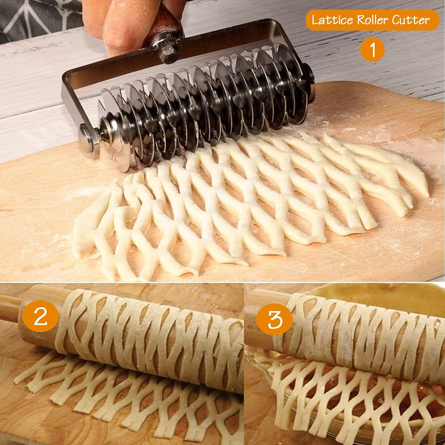 Stainless Steel Lattice Cutter, Dough Lattice Roller Cutter Baking Tool Cookie Pie Pizza Bread Pastry Crust Roller Cutter with Wood Handle, Household Time-Saver Baking Pastry Tools for Pizza Biscuits image number 3