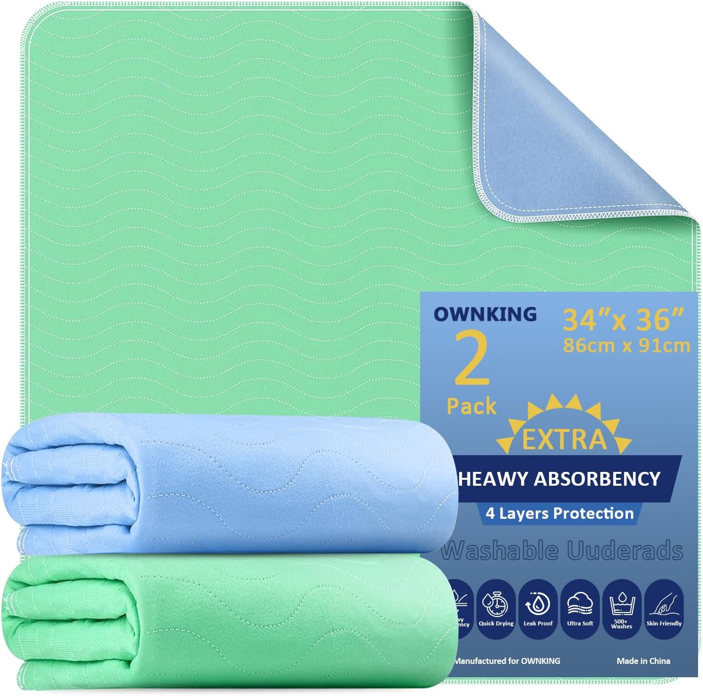 86 X 91Cm Waterproof Washable Underpads, 2 Pcs Reusable Extra Heavy Absorbency Incontinence Bed Pads for Adults, Pets, Couch, Floor Mattress Protect, Reusable Pee Pads for Dogs, 34&rdquo;X36&rdquo; image number 5