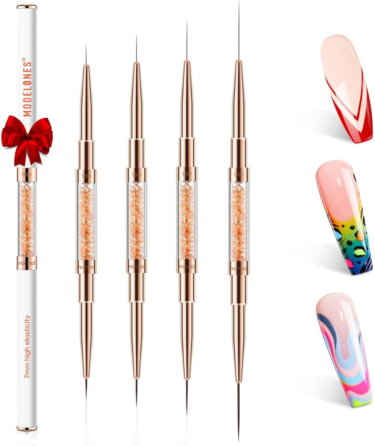 Modelones Nail Art Brushes, Super Fine Thin Liner Nail Brush Set Sizes 7/11/15/20Mm for Nail Gel Polish Painting Designs with Acrylic Rhinestone Handle Gift for Women