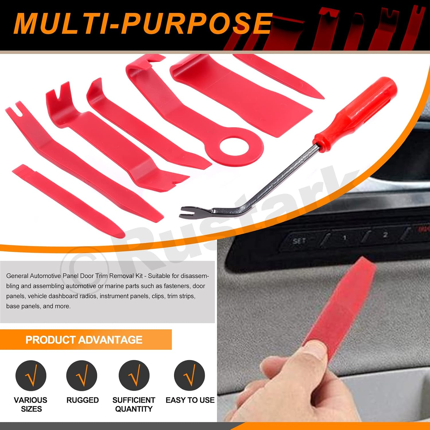 Rustark 8Pcs Auto Car Trim Removal Tool Kit Pry Tool Set Car Trim Removal Tool Interior Door Panel Fastener Removal Tool for Auto Car Clip Audio Dashboards Panel Installer image number 6