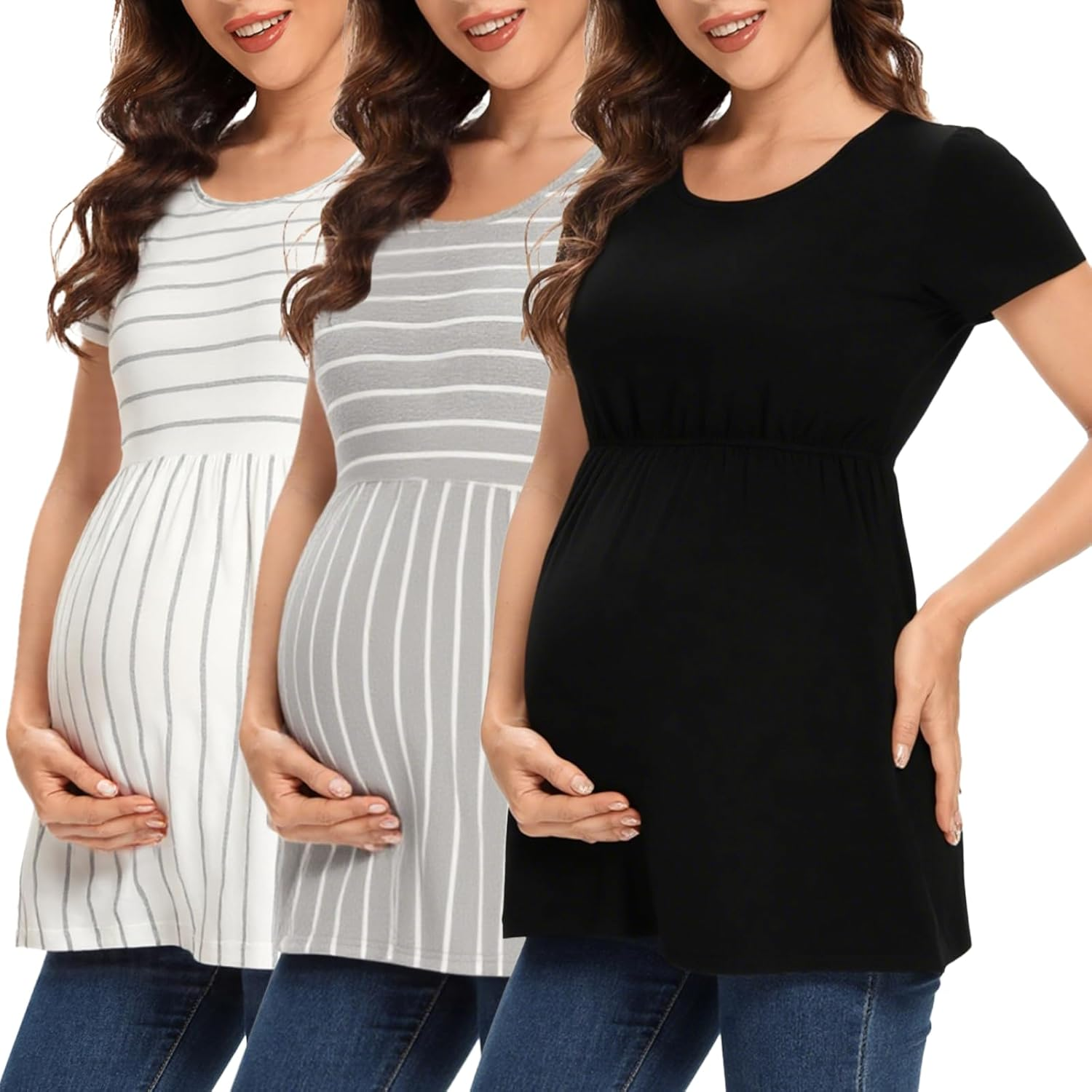 Liu & Qu Women'S Maternity Shirts 3 Pack Short Sleeve Side Ruched Stretchy round Neck Pregnancy Tops